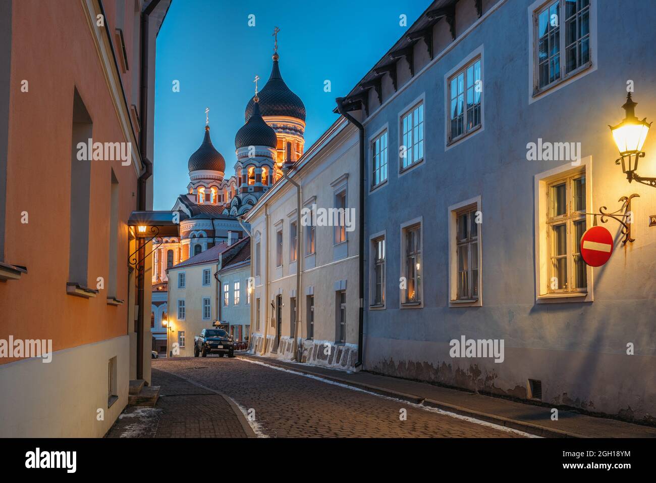 Tallinn, Estonia. Evening Or Night View Of Alexander Nevsky Cathedral From Piiskopi Street. Orthodox Cathedral Is Tallinn's Largest And Grandest Stock Photo