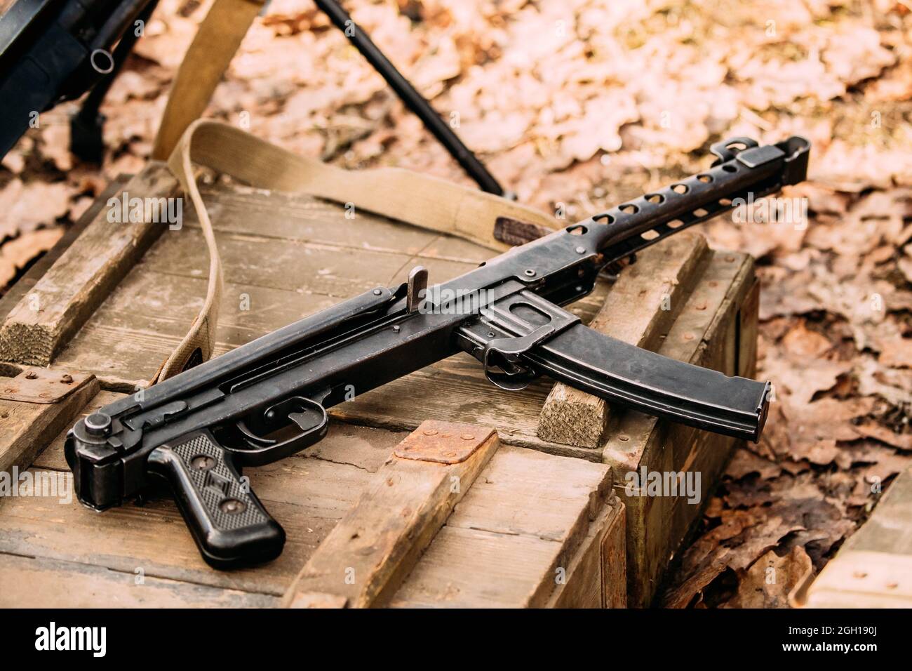 Old Soviet Russian Red Army Submachine Gun PPS-43 Of World War Ii Lying On The Wooden Box. Stock Photo