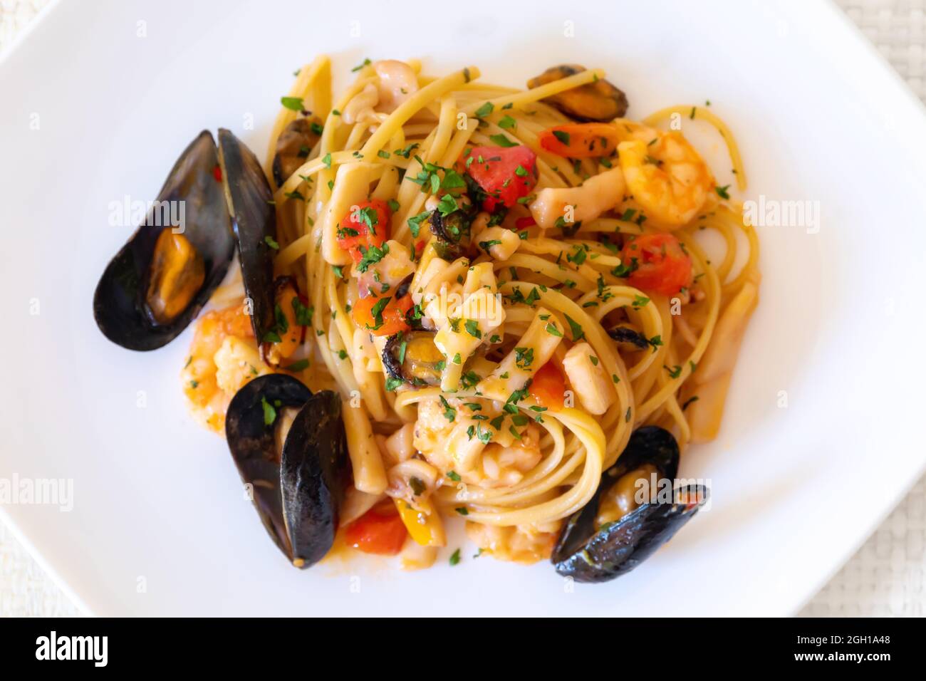 Linguine with seafood. Typical dish of Italian cuisine consisting of