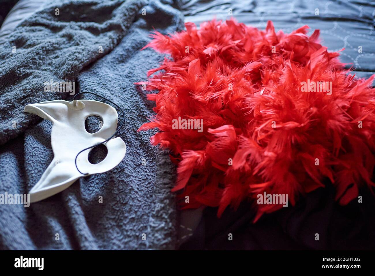 The white inside of an upside down mask and a red feather boa lie on a blue grey comforter on a bed. Stock Photo