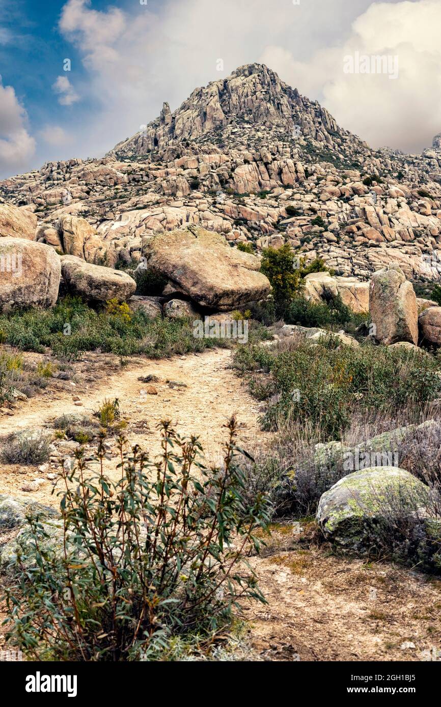Path, granite rocks and bushes in Sierra Cabrera. Madrid. Spain. Europe. Stock Photo