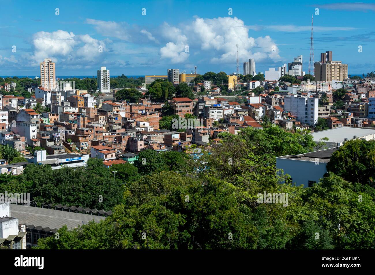 Salvador, Bahia, Brazil - April 06, 2014: View of the buildings and popular houses built in the mountains. City of Salvador, Bahia, Brazil. Stock Photo