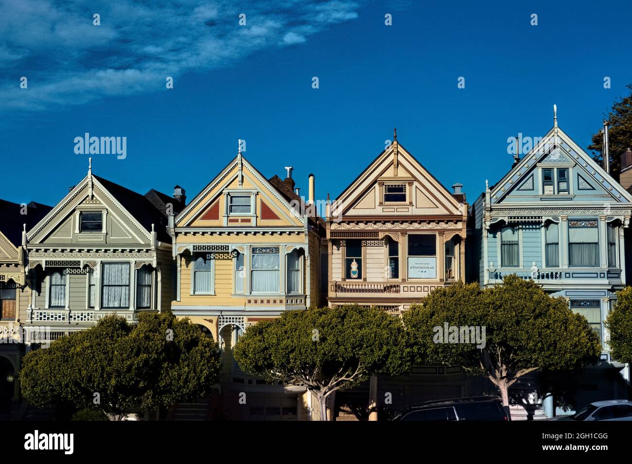The famous â. œPainted Ladiesâ.Victorian postcard row homes, San Francisco, California, U. S. A. Stock Photo