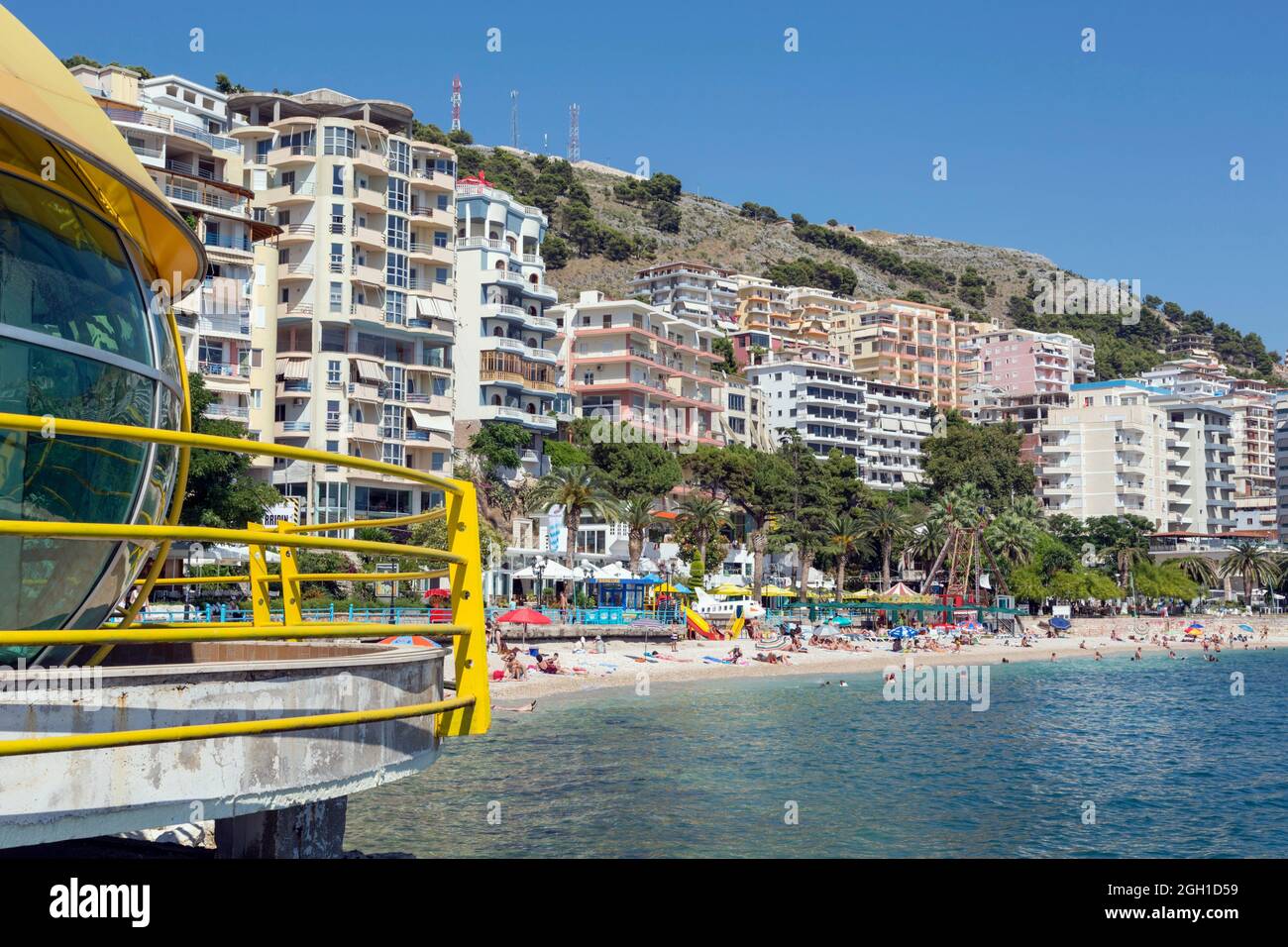 Sarande or Saranda, Sarande District, Albania. View along main resort beach. Stock Photo