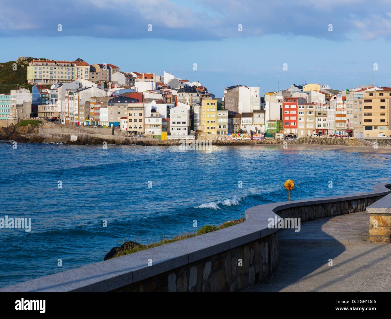 Malpica de Bergantinos, or Malpica, La Coruna, Galicia, Spain. The town seen from Canido beach. Stock Photo