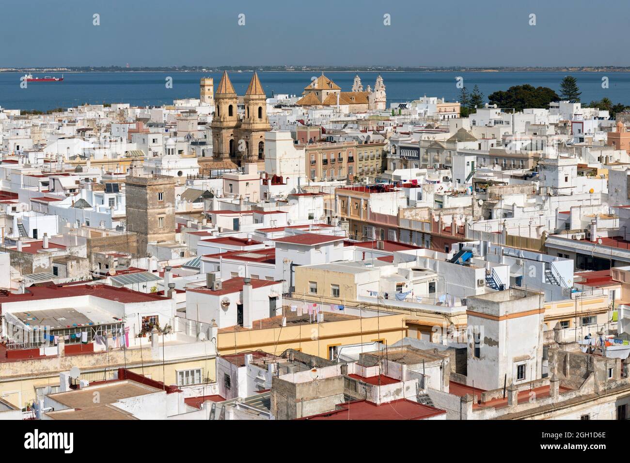 View of the old town from the Torre Tavira, Cadiz, Cadiz Province, Costa de la Luz, Andalusia, Spain. The church is that of San Antonio. Stock Photo