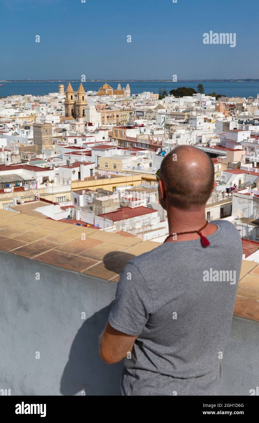 View of the old town from the Torre Tavira, Cadiz, Cadiz Province, Costa de la Luz, Andalusia, Spain. The church is that of San Antonio. Stock Photo