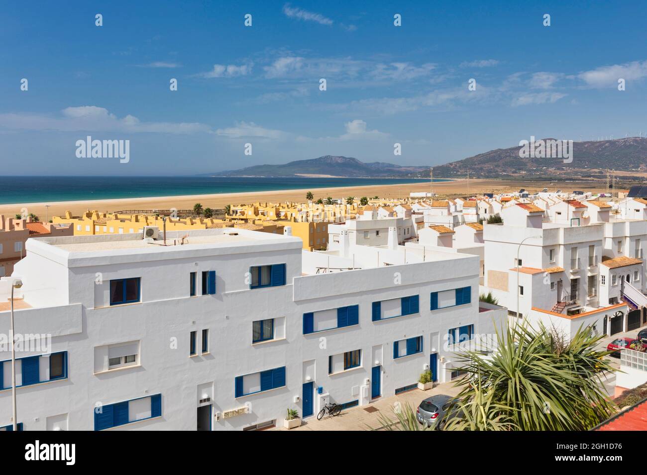 Property in Tarifa, Costa de la Luz, Cadiz Province, Andalusia, southern Spain. Los Lances beach in background. Stock Photo