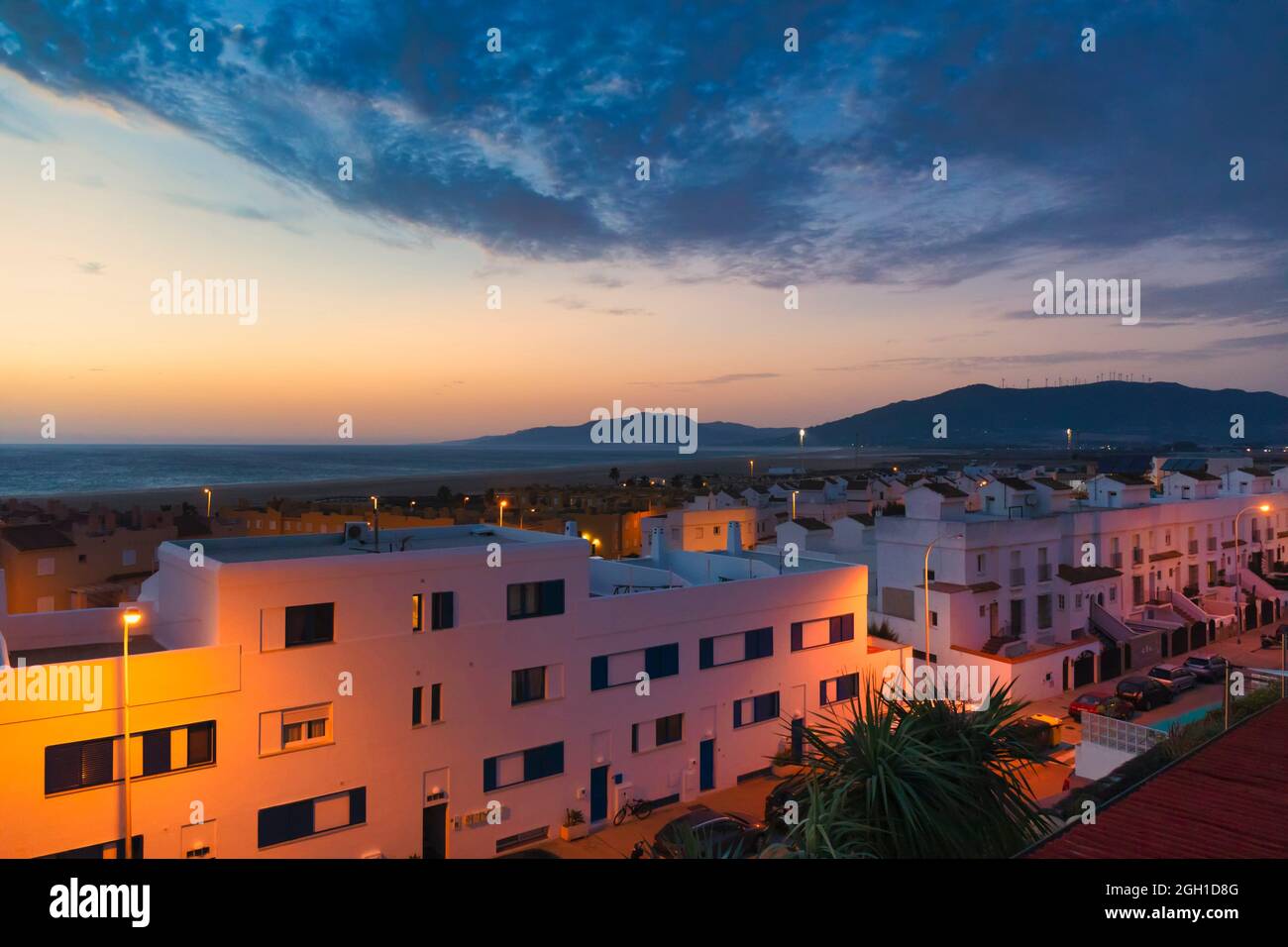 Property in Tarifa, Costa de la Luz, Cadiz Province, Andalusia, southern Spain. Los Lances beach in background. Stock Photo