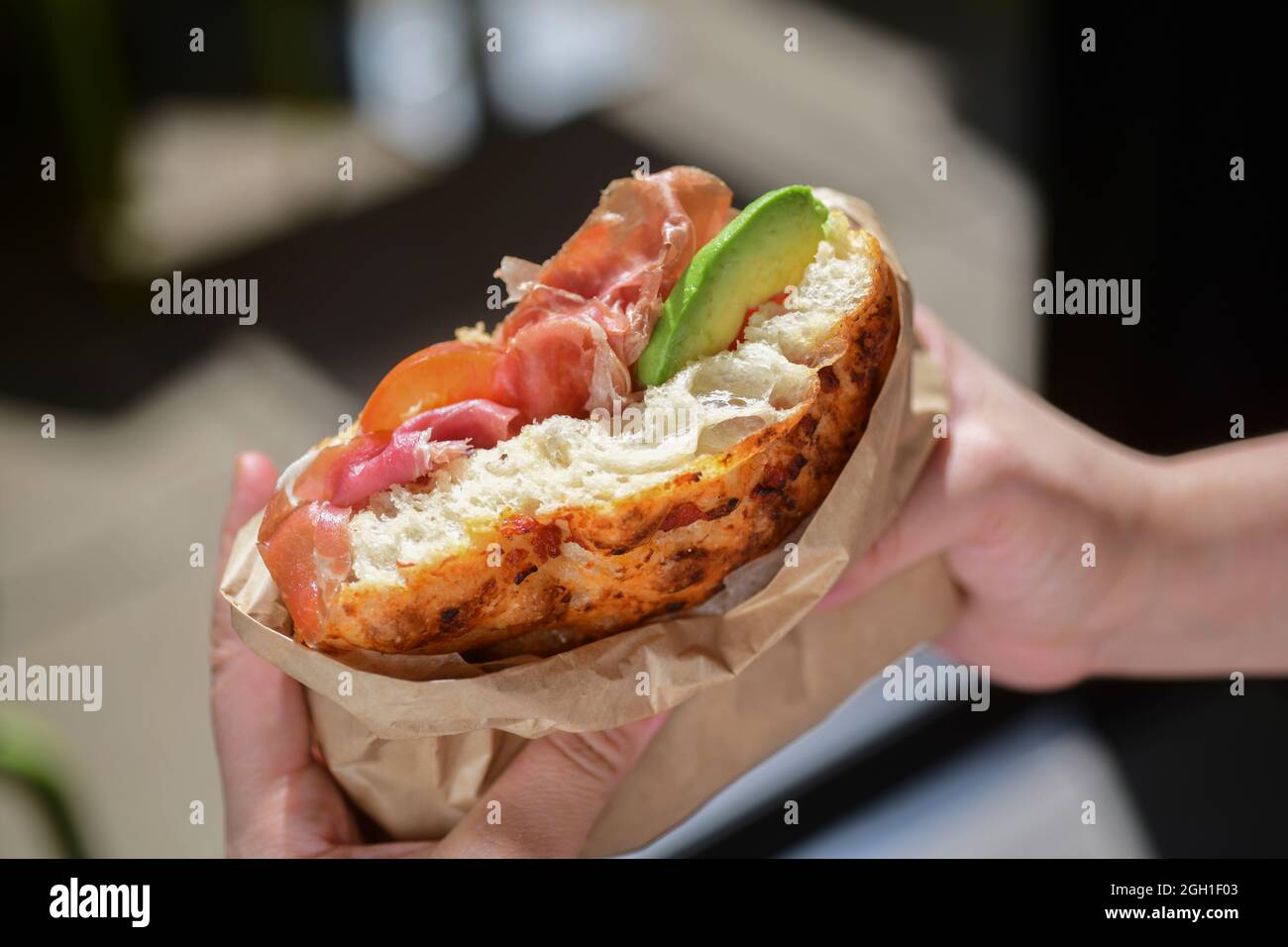 USA Washington DC FOOD focaccia sandwich at Pitango Bakery Cafe in Adams Morgan made with avocado tomato prosciutto Stock Photo