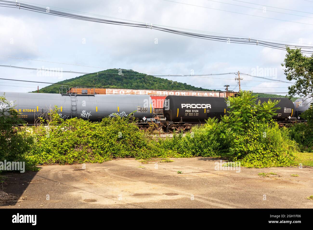 BRADFORD, PA, USA-13 AUGUST 2021:  A line of railroad cars, with brush in front, an industrial building and a small mountain rising behind. Stock Photo
