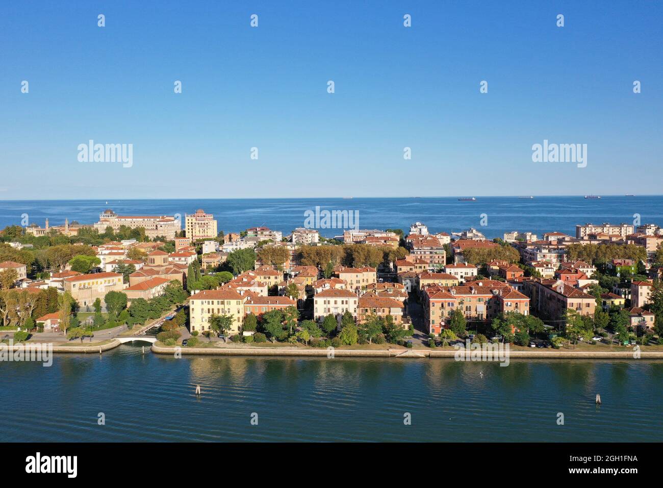 Aerial view of Venice Lido island, Venice Lagoon, Venice, Italy, Europe. Stock Photo