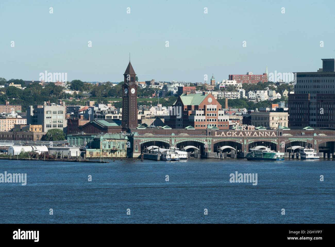 Hoboken is in New Jersey, across the Hudson River from Lower Manhattan. By the late 19th century, shipping lines were using Hoboken as a terminal port Stock Photo