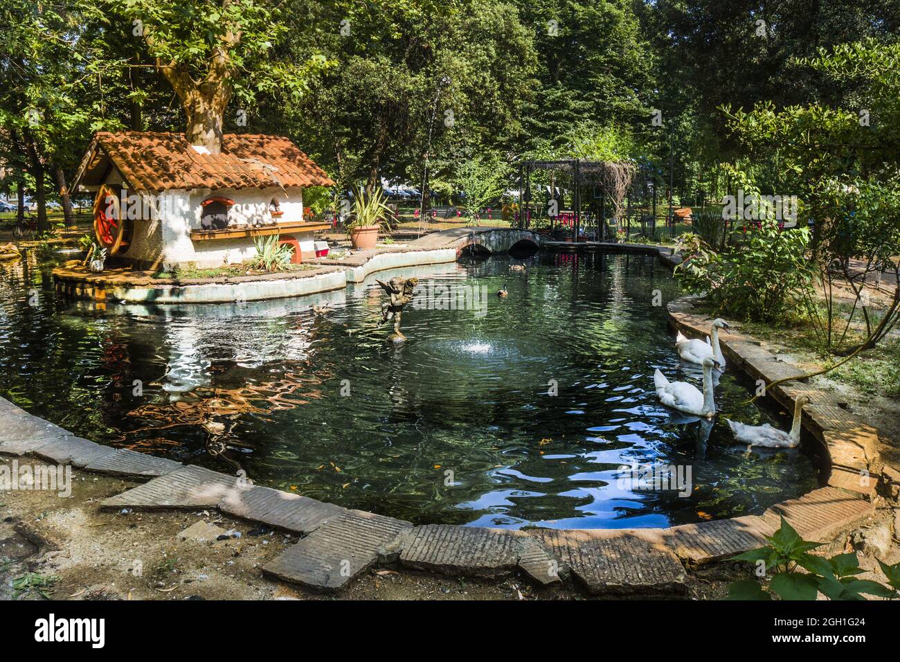 Small wooden house for swans in the middle of a lake and white swans ...
