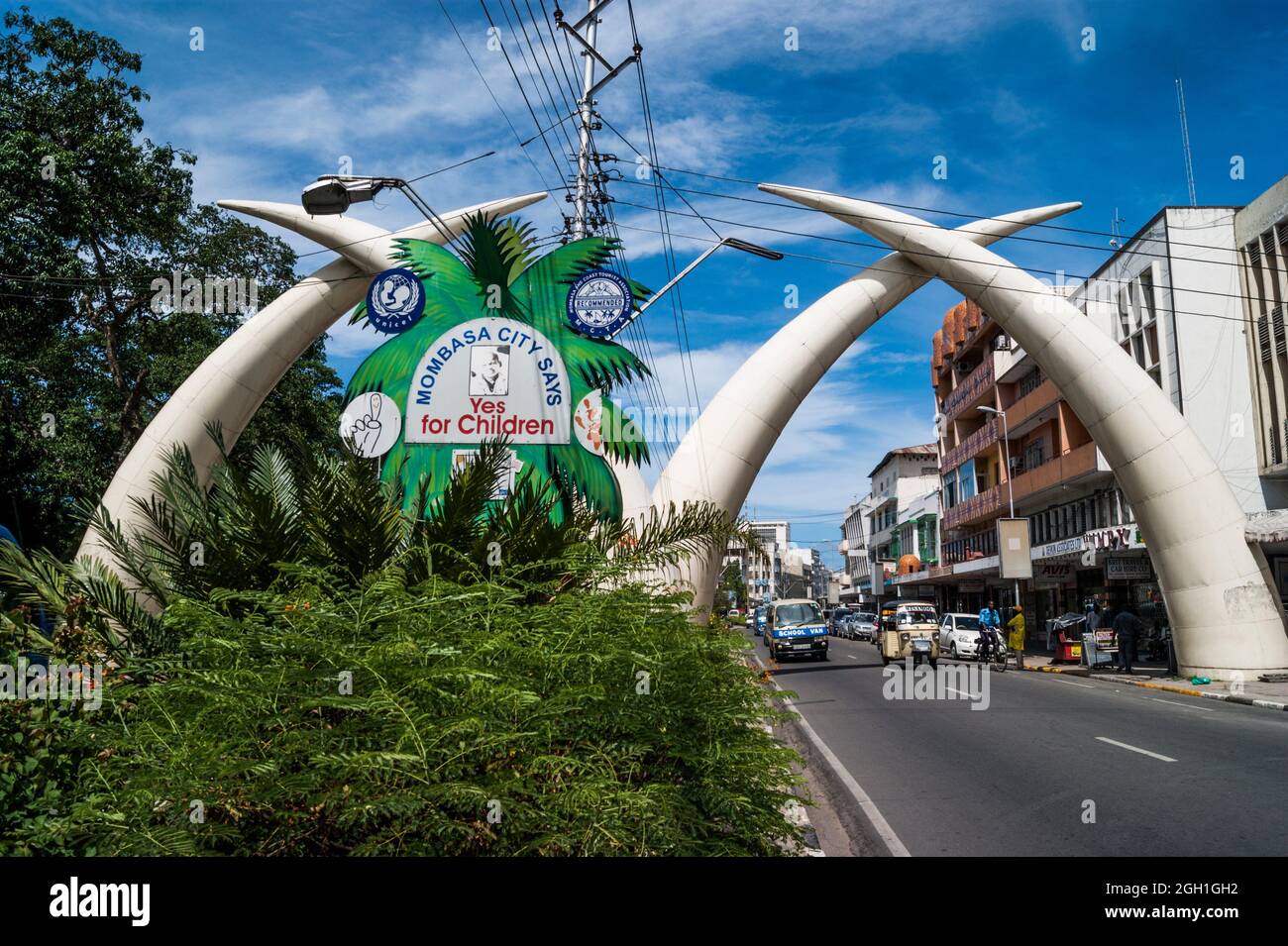 Mombasa tusks. White aluminum elephant tusks grace Moi Avenue forming