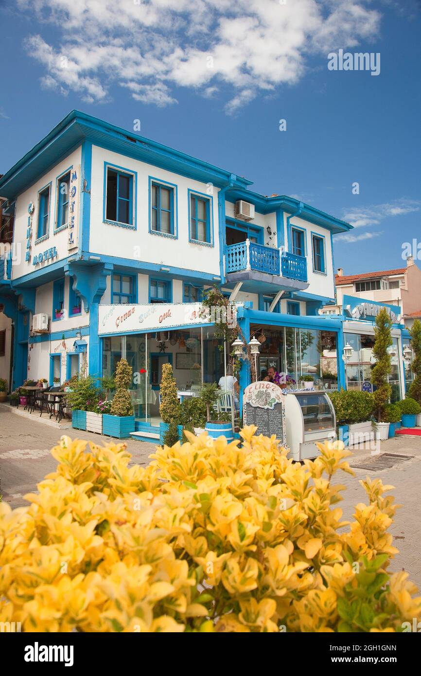 Traditional Ottoman house with balcony used as a restaurant at the town center of Tirilye also