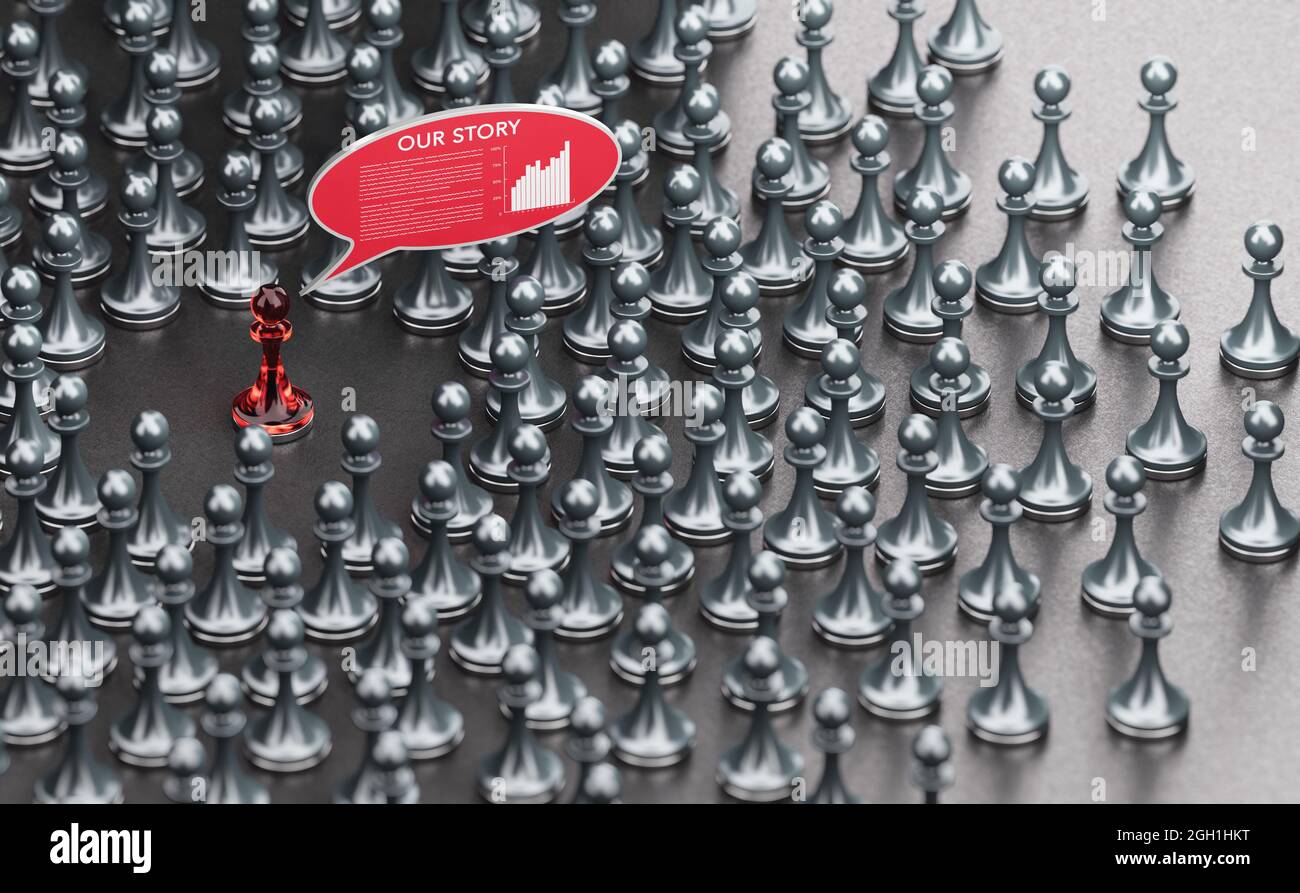 3D illustration of many pawns over black background and a story inside a red speech bubble. Effective storytelling. Brand communication concept. Stock Photo