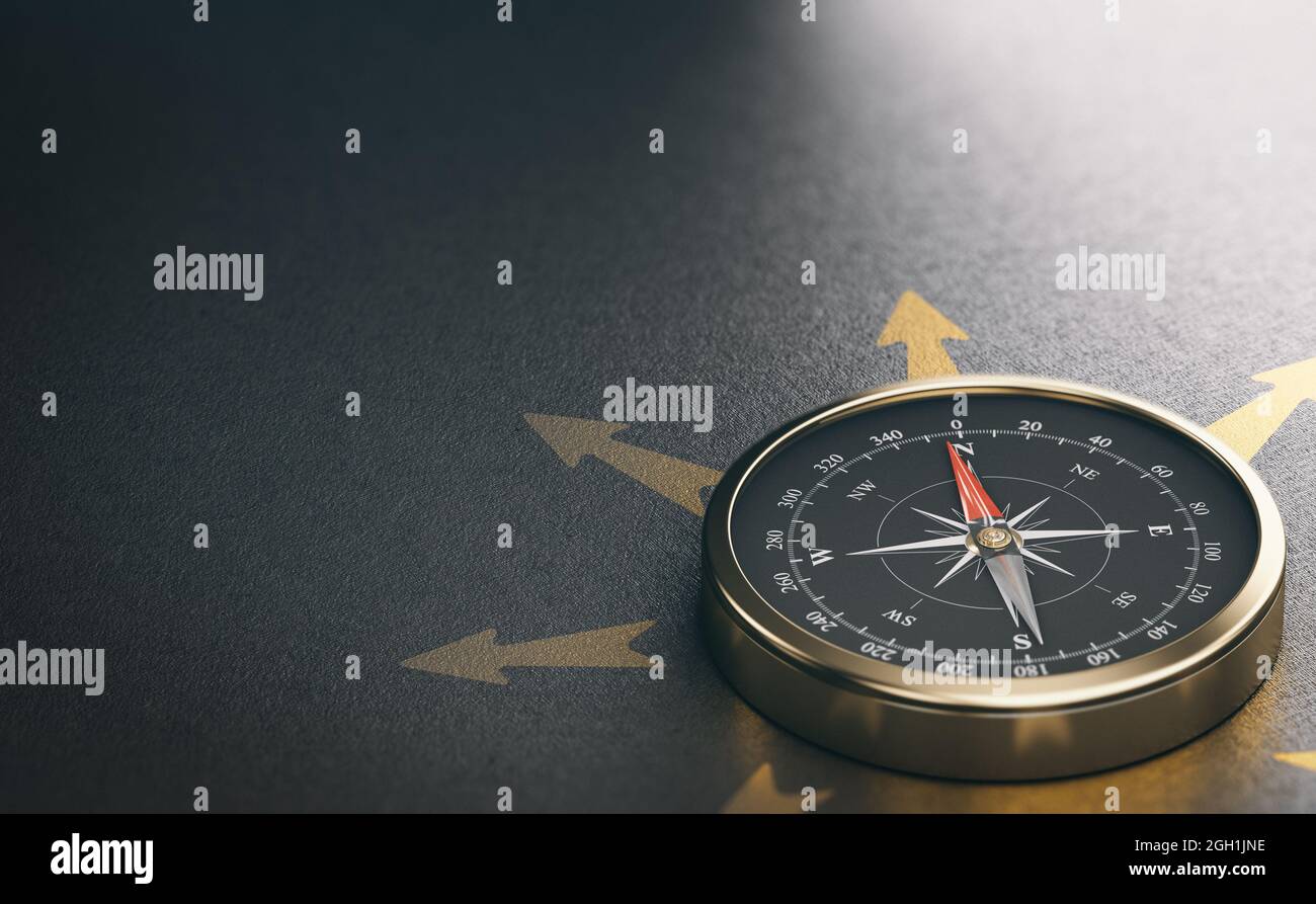3D illustration of a golden compass over black background with copy space on the left. Strategic business orientation concept. Stock Photo