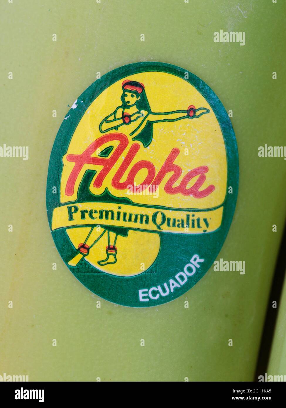 Close-up of 'Aloha' Ecuadorian banana and label, purchased in Hong Kong 30th August 2021 Stock Photo