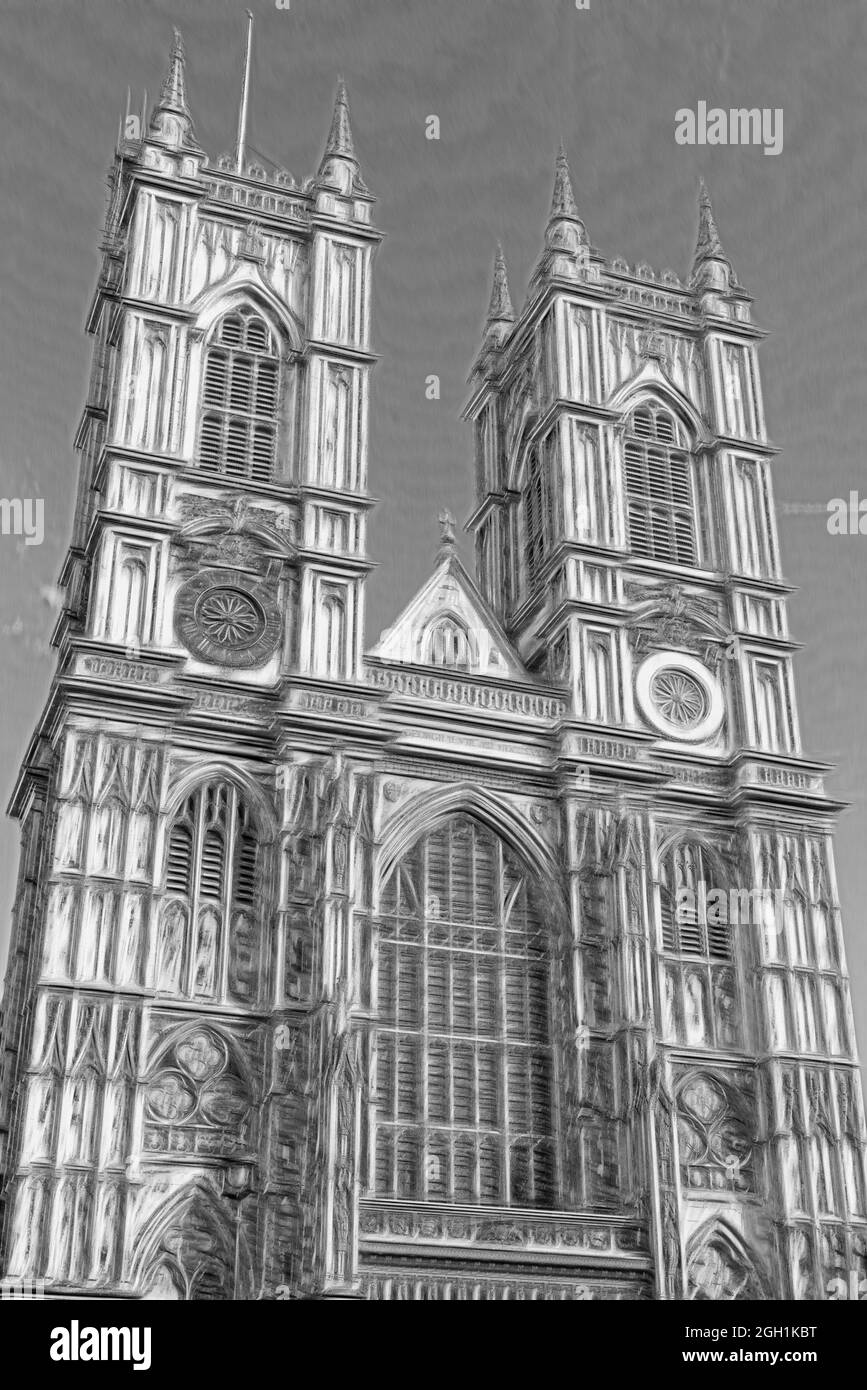 Westminster Abbey's facade in black and white ,London, UK Stock Photo