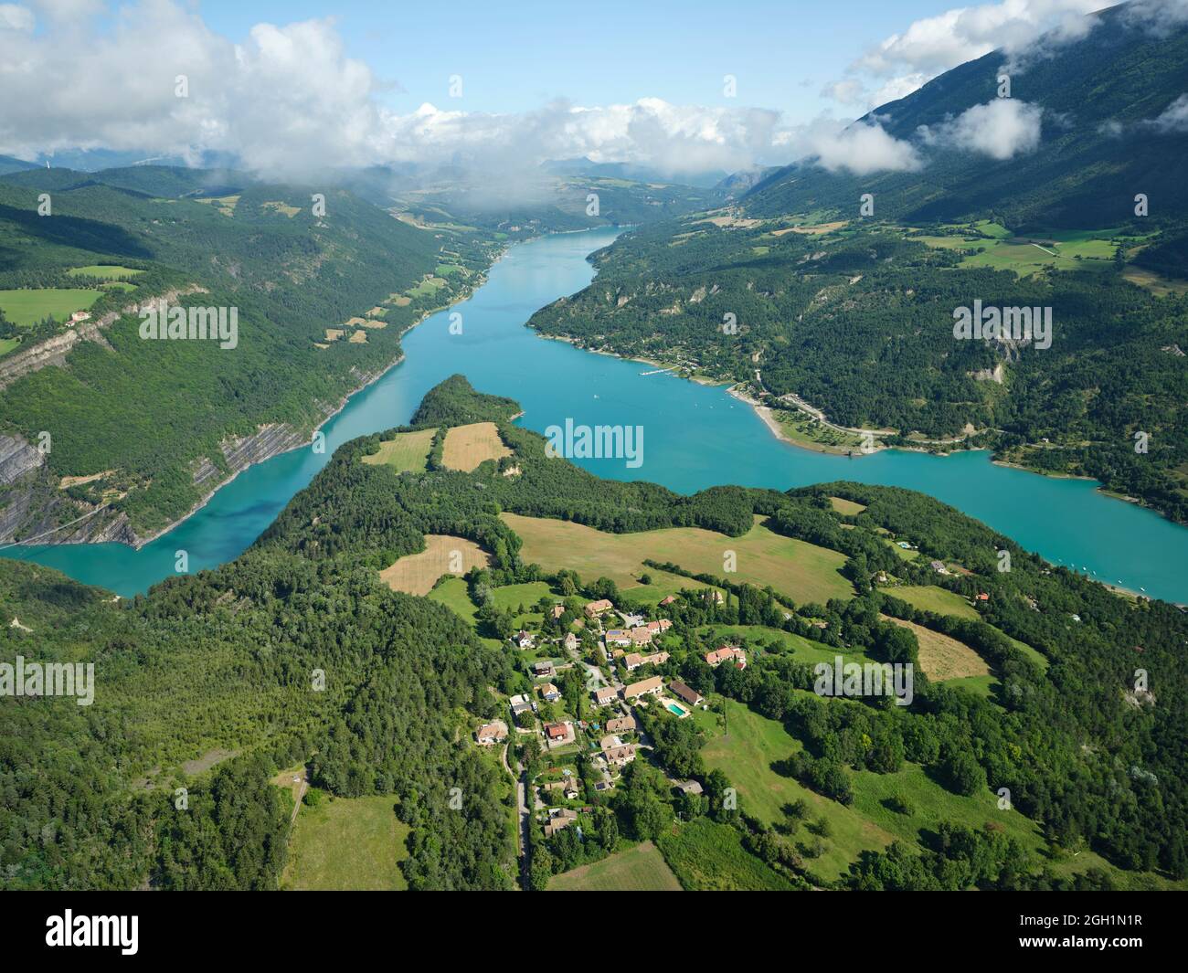 AERIAL VIEW. Lake Monteynard-Avignonet, a reservoir on the Drac Valley. Trièves, Isère, France. Stock Photo