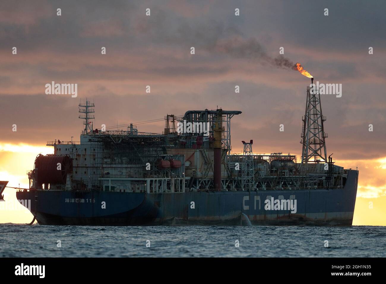 Hai Yang Shi You 115 (Ocean Natural Gas), a moored CNOOC ship with gas flare, Huizhou 19 oilfield, south China Sea, Pacific Ocean  2nd Sept 2021 Stock Photo
