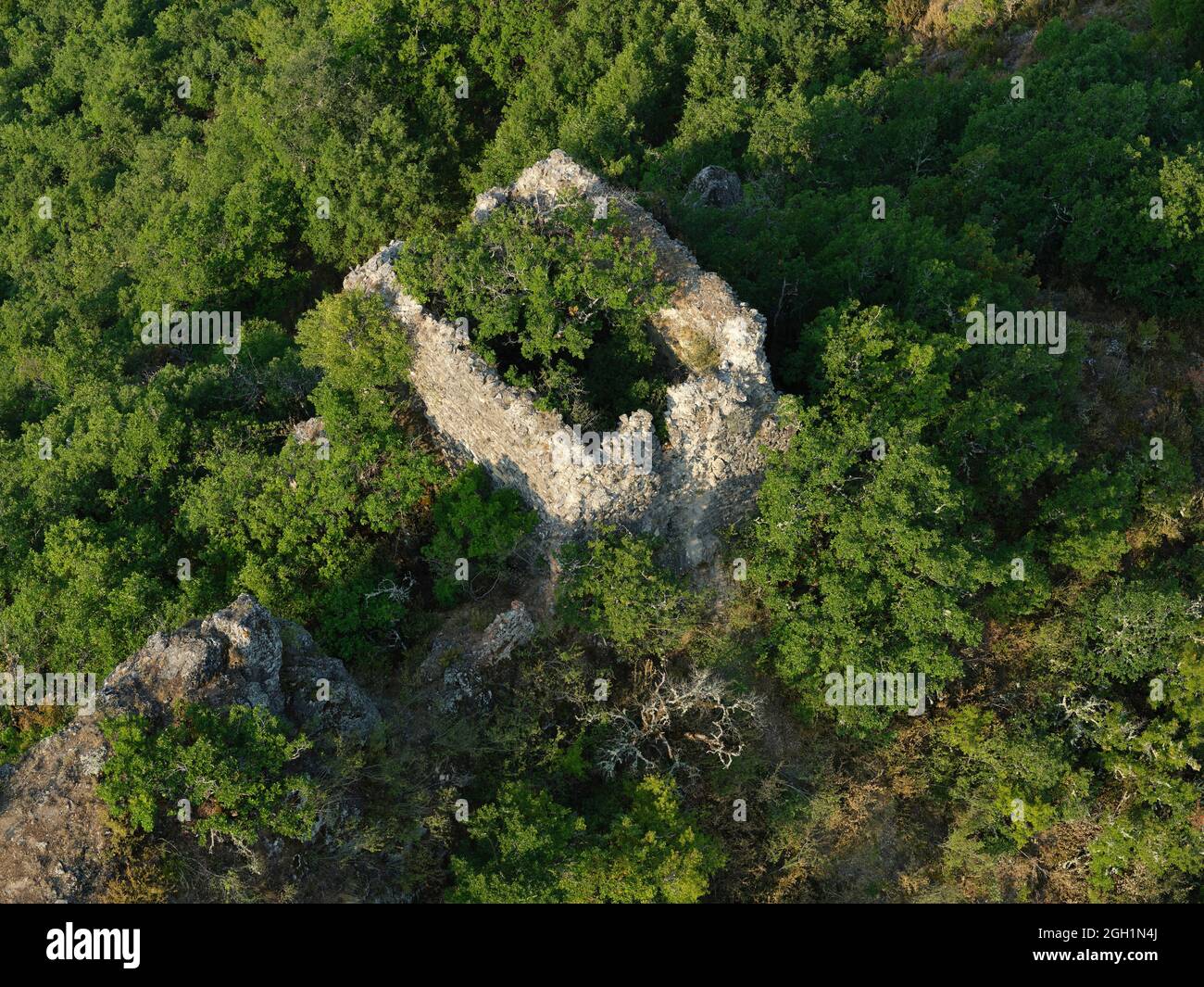 AERIAL VIEW. Abandoned watchtower being overgrown by vegetation. Nibles, Alpes-de-Haute-Provence, France. Stock Photo