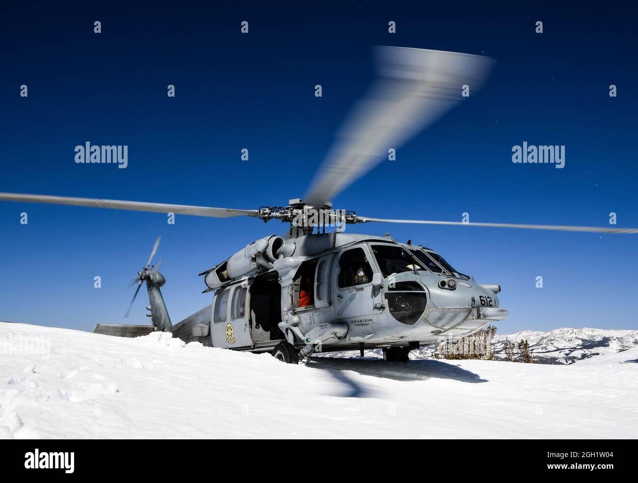 INYOKERN, Calif.  (April 1, 2021) An MH-60S Sea Hawk helicopter assigned to the 'Black Knights' of Helicopter Sea Combat Squadron (HSC) 4, stationed i Stock Photo