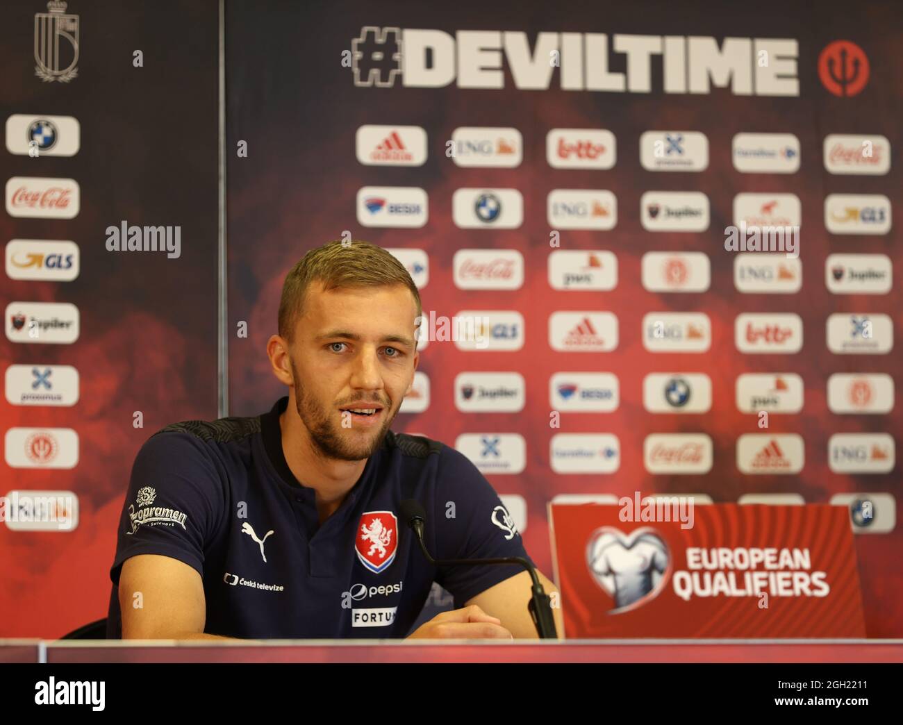 Czech Tomas Soucek pictured during a press conference of the Czech national soccer team, ahead of their match against the Belgian Red Devils, in Bruss Stock Photo