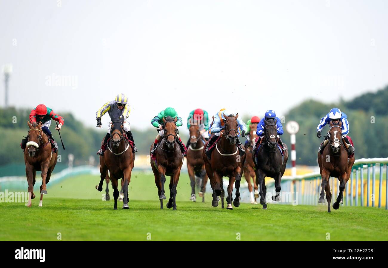 Mondammej ridden by Cam Hardie (second left) wins The Betfair Be Friendly Handicap at Haydock Park racecourse. Picture date: Saturday September 4, 2021. See PA story RACING Haydock. Photo credit should read: David Davies/PA Wire. RESTRICTIONS: Use subject to restrictions. Editorial use only, no commercial use without prior consent from rights holder. Stock Photo