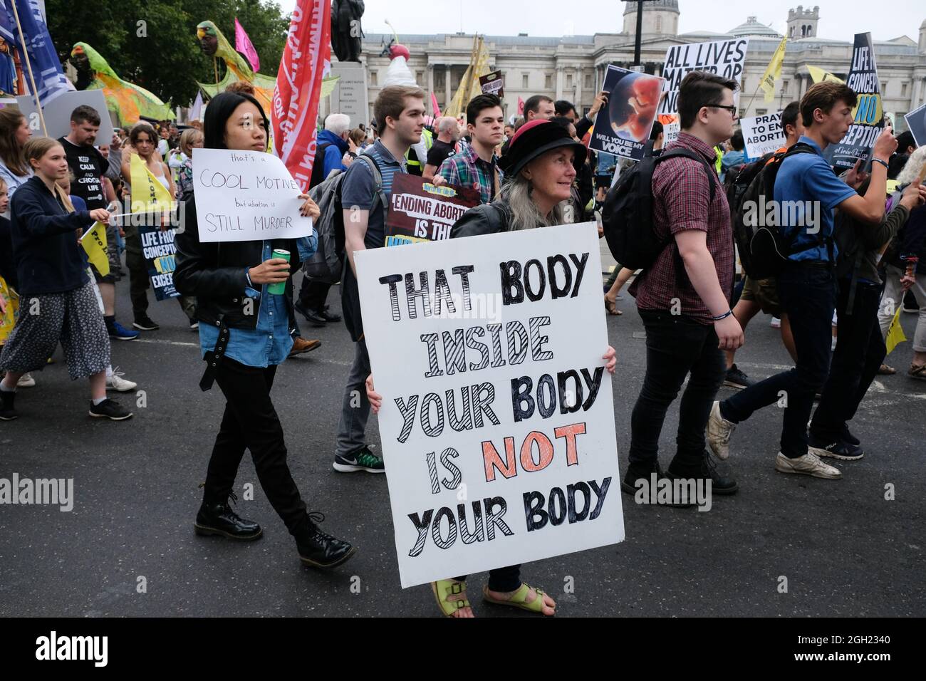 Trafalgar Square, London, UK. 4th Sept 2021. Pro life protesters in London at the March for Life, marching against abortion. Credit: Matthew Chattle/Alamy Live News Stock Photo