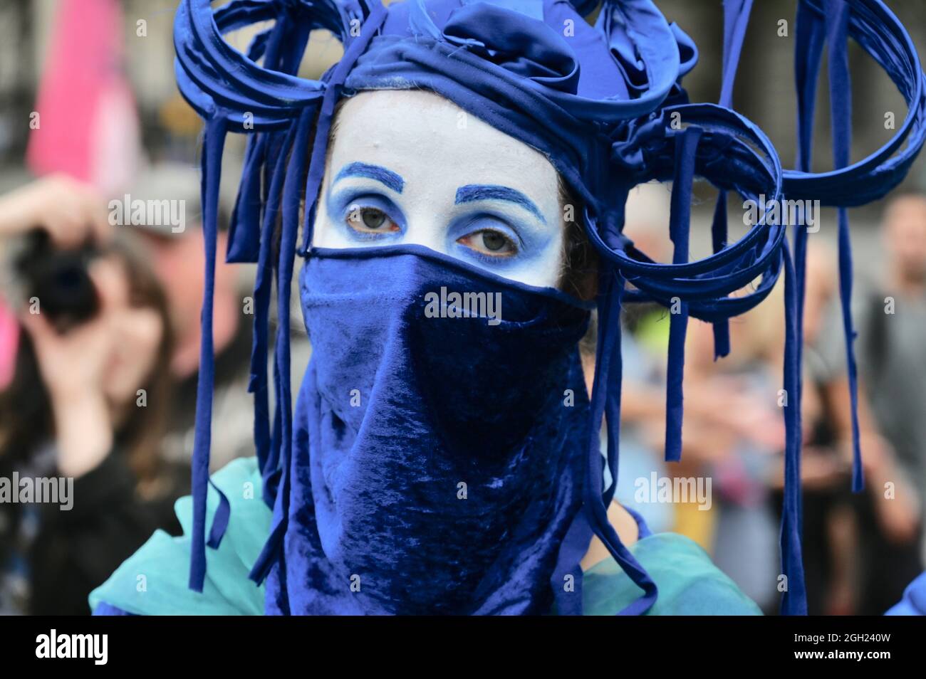 London, UK. Performance Artists from Extinction Rebellion perform in Trafalgar Square prior to the 'March for Nature : Rebel for Life' which brings to an end the 'Impossible Rebellion' series of demonstrations. Credit: michael melia/Alamy Live News Stock Photo