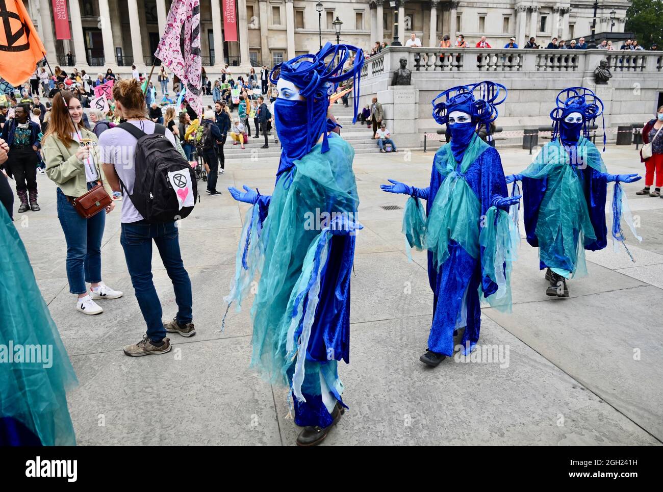 London, UK. Performance Artists from Extinction Rebellion perform in Trafalgar Square prior to the 'March for Nature : Rebel for Life' which brings to an end the 'Impossible Rebellion' series of demonstrations. Credit: michael melia/Alamy Live News Stock Photo