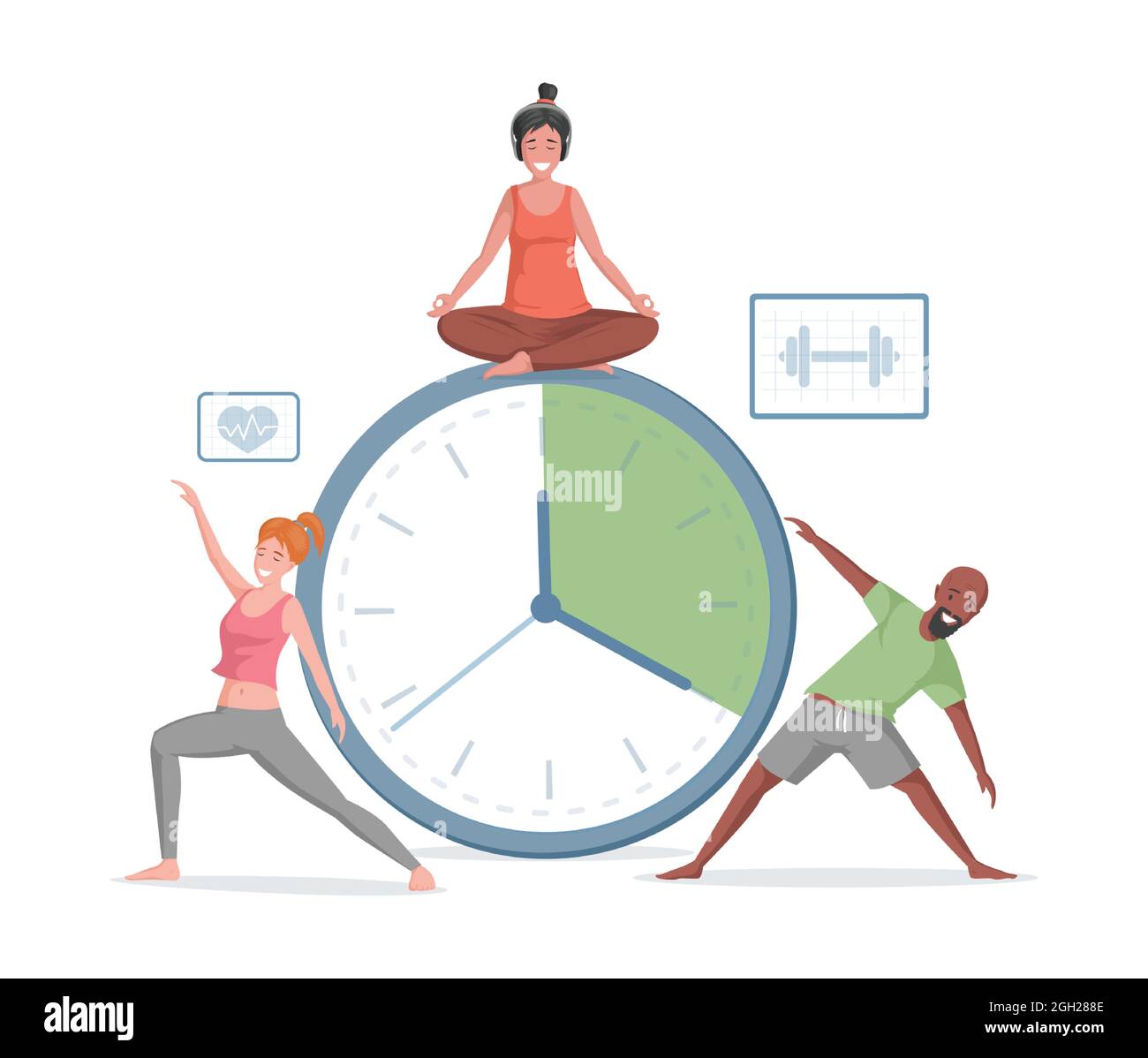 Smiling man and women doing sport exercises and yoga on the background