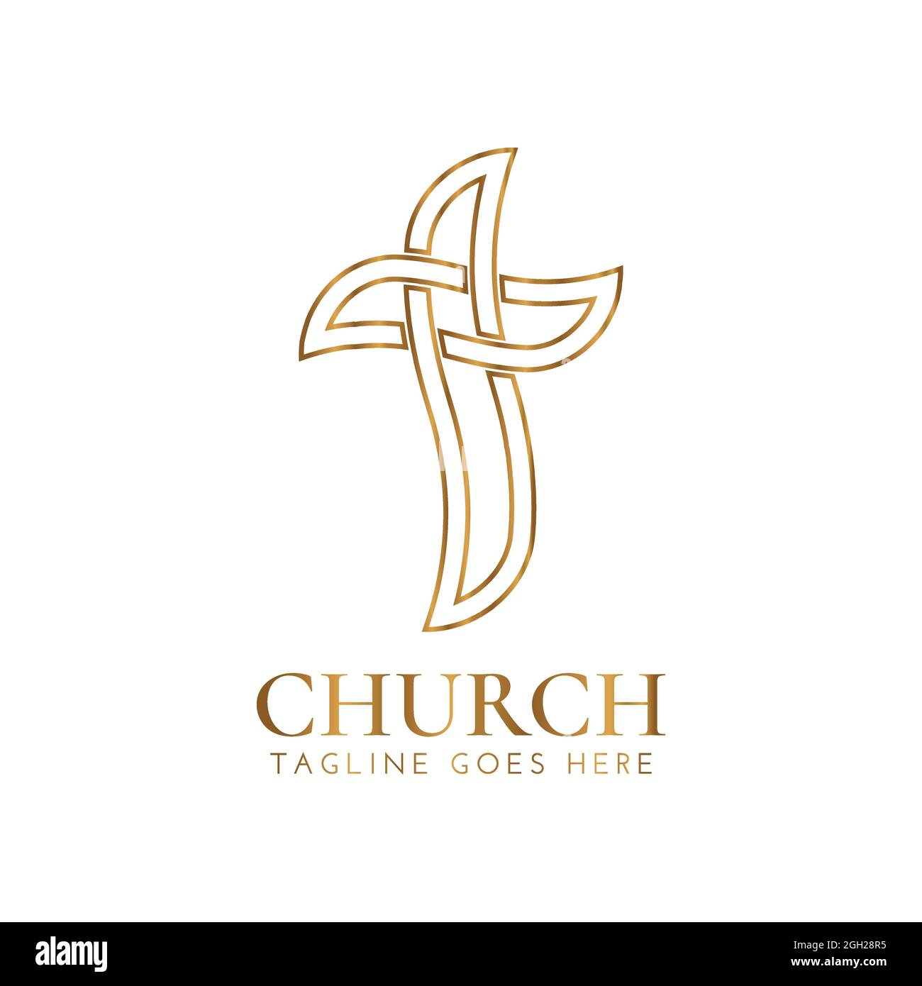 Christian Church Outline Gold Logo Design with Cross Stock Vector