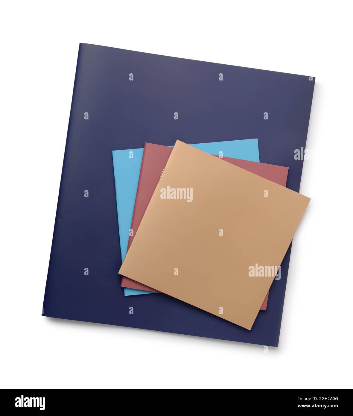 Top view of various booklets with blank color covers isolated on white Stock Photo