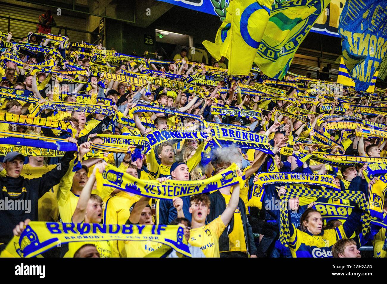 Brondby, Denmark. 29th, August 2021. Football fans of Broendby IF seen on  the stands during the 3F Superliga match between Broendby IF and FC  Midtjylland at Brondby Stadion. (Photo credit: Gonzales Photo -