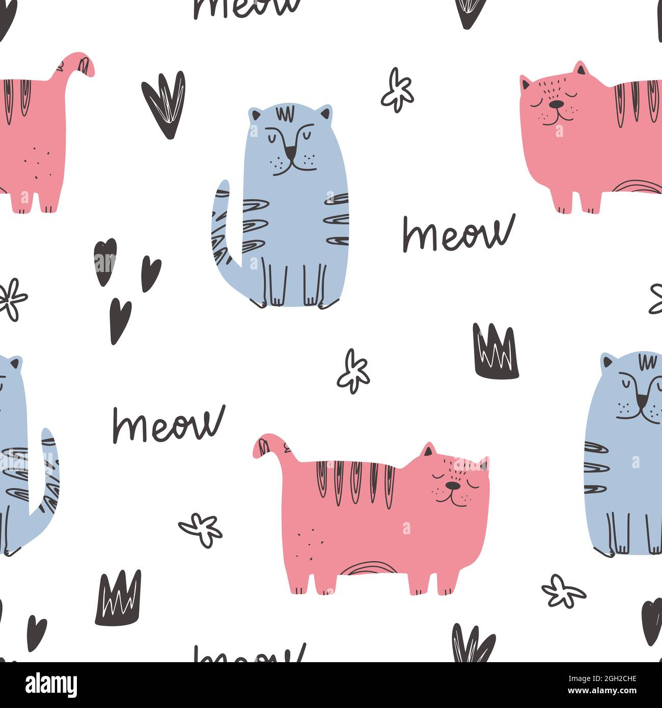 Cute cat pattern - hand drawn childish kitten seamless pattern design Stock Vector