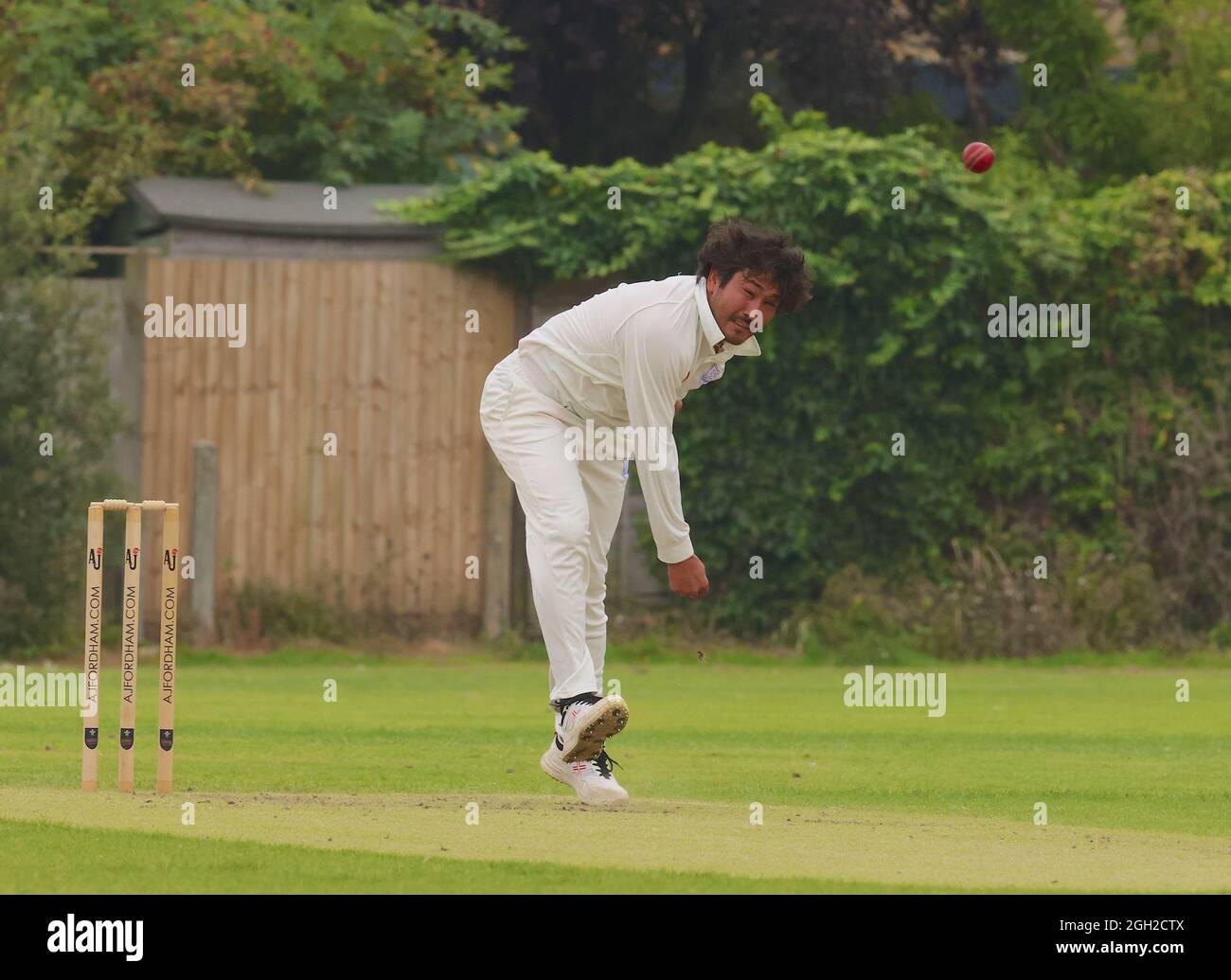 London, UK. 4 September, 2021. South London, UK.  G H Crawford-Khan bowling for Dulwich Cricket Club as they take on Dorking CC in the Surrey Championship Division 2 match at Dulwich, South London. David Rowe/ Alamy Live News Stock Photo