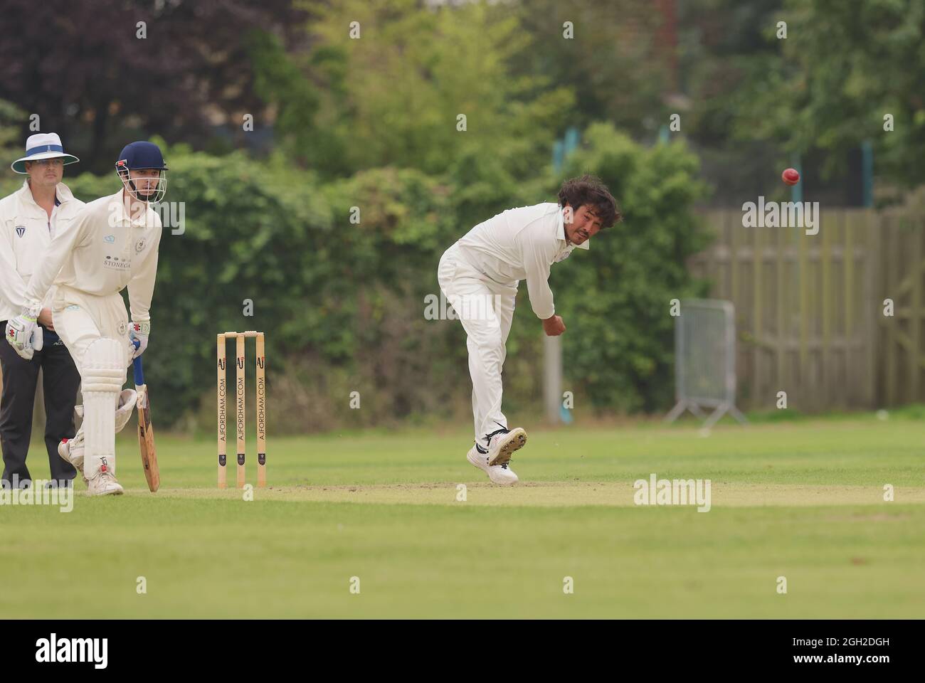 London, UK. 4 September, 2021. South London, UK.  G H Crawford-Khan bowling for Dulwich Cricket Club as they take on Dorking CC in the Surrey Championship Division 2 match at Dulwich, South London. David Rowe/ Alamy Live News Stock Photo