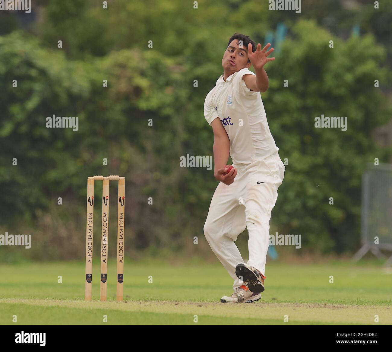 London, UK. 4 September, 2021. South London, UK.  Ahmed Khan bowling as Dulwich Cricket Club take on Dorking CC in the Surrey Championship Division 2 match at Dulwich, South London. David Rowe/ Alamy Live News Stock Photo