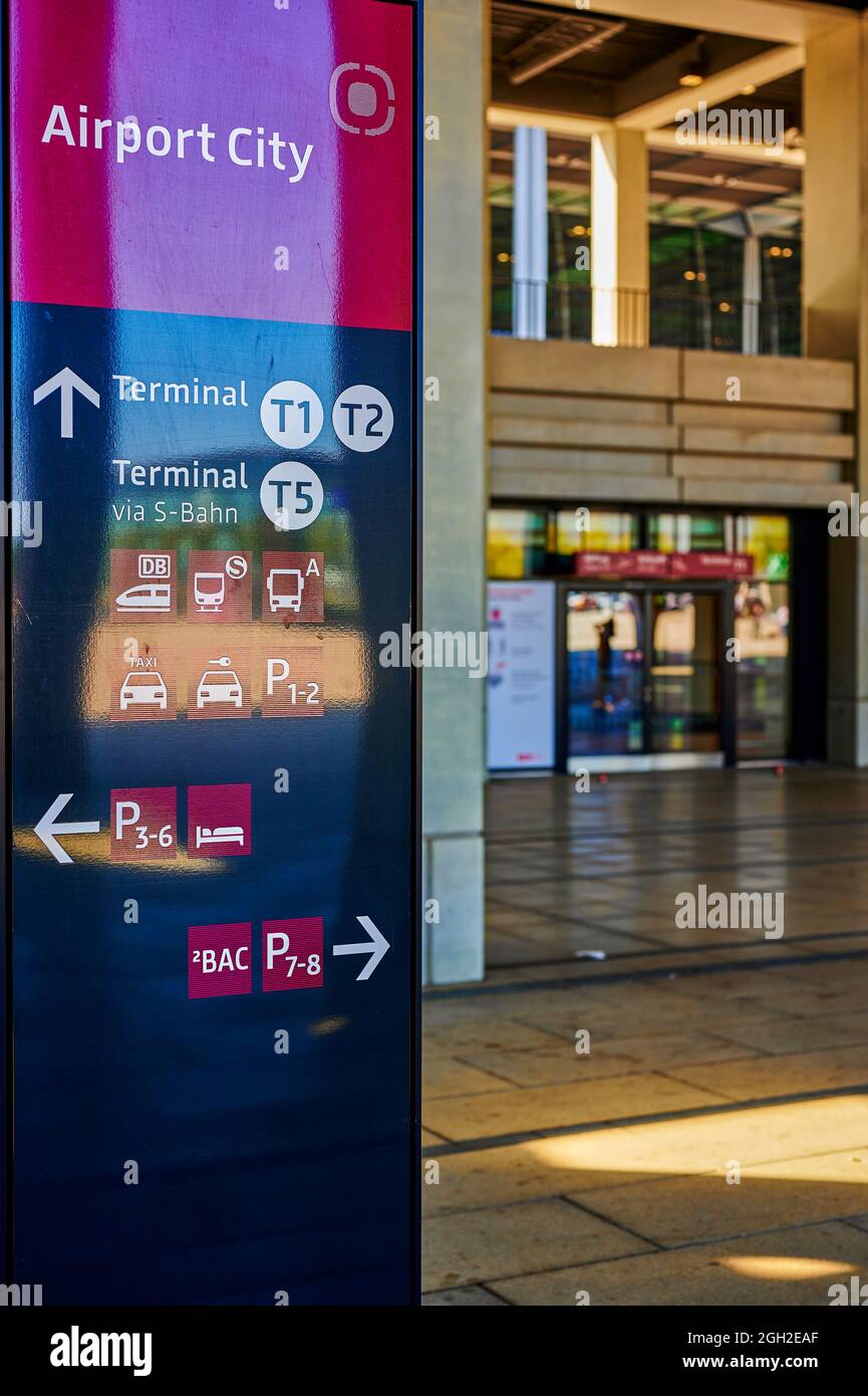 Schoenefeld, Germany - September 3, 2021: Information board in the area of the airport BER Berlin-Brandenburg. Stock Photo