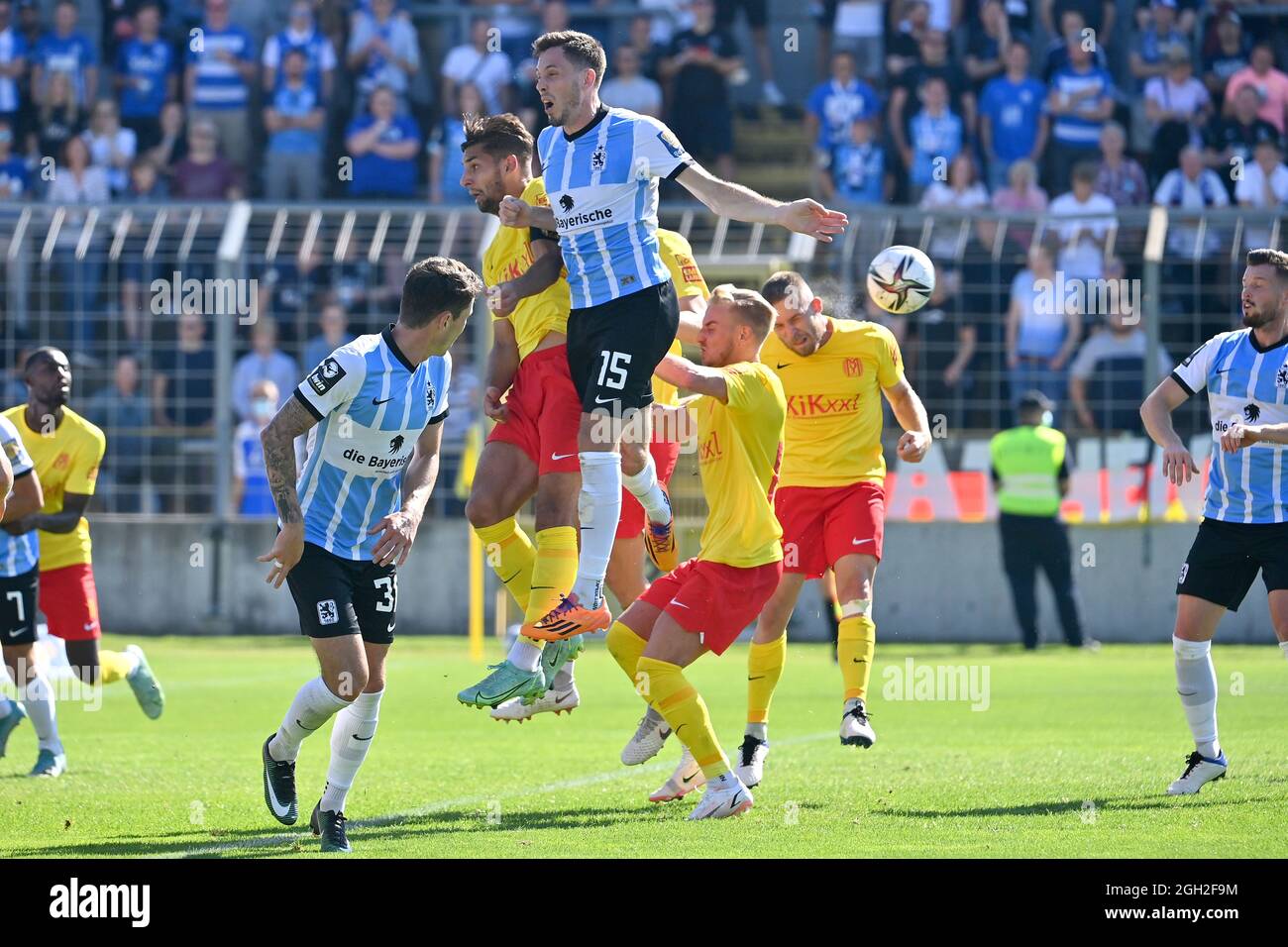 Penalty area scene with Marcel BAER (Munich 1860), action. Soccer 3rd league, Liga3, TSV Munich 1860-SV Meppen 1-1 on 04.09.2021 in Muenchen GRUENWALDER STADION. DFL REGULATIONS PROHIBIT ANY USE OF PHOTOGRAPHS AS IMAGE SEQUENCES AND/OR QUASI-VIDEO. Stock Photo