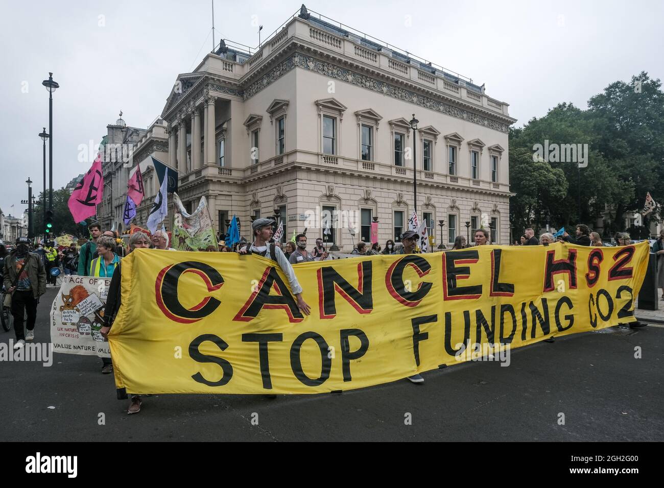 London, UK. Sep 4th 2021. Cancel HS2 banner in front of Institute of ...