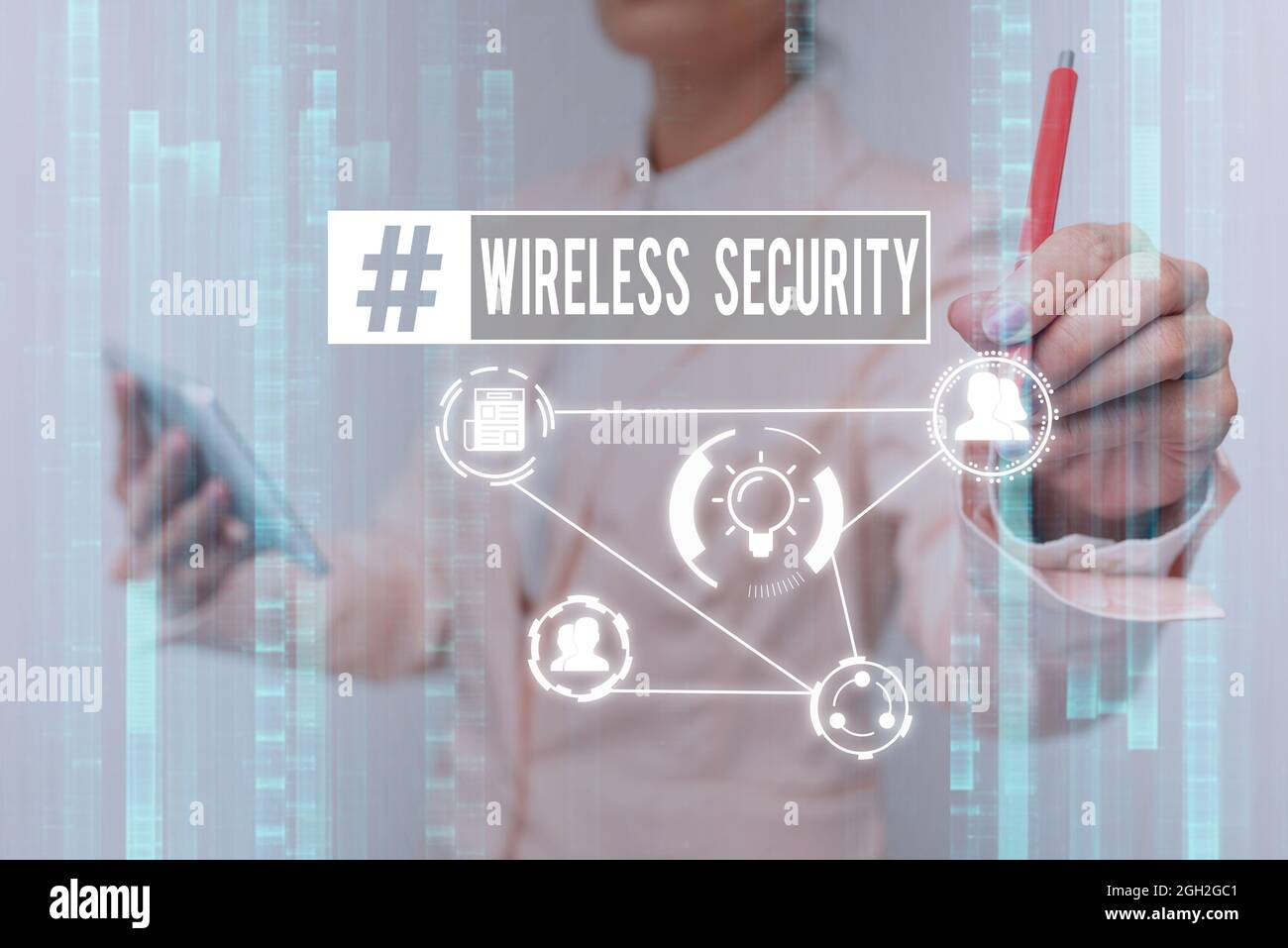Conceptual display Wireless Security. Business approach prevention of unauthorized access or damage to computers Lady In Uniform Touching And Using Stock Photo