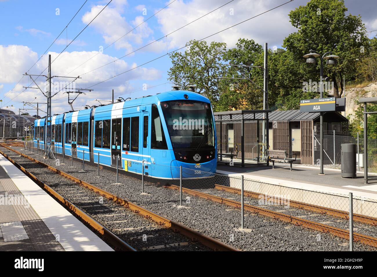 Lidingo, Sweden - August 30, 2021: Blue class A36 tram at the Aga stop on the Lidigobanan service. Stock Photo