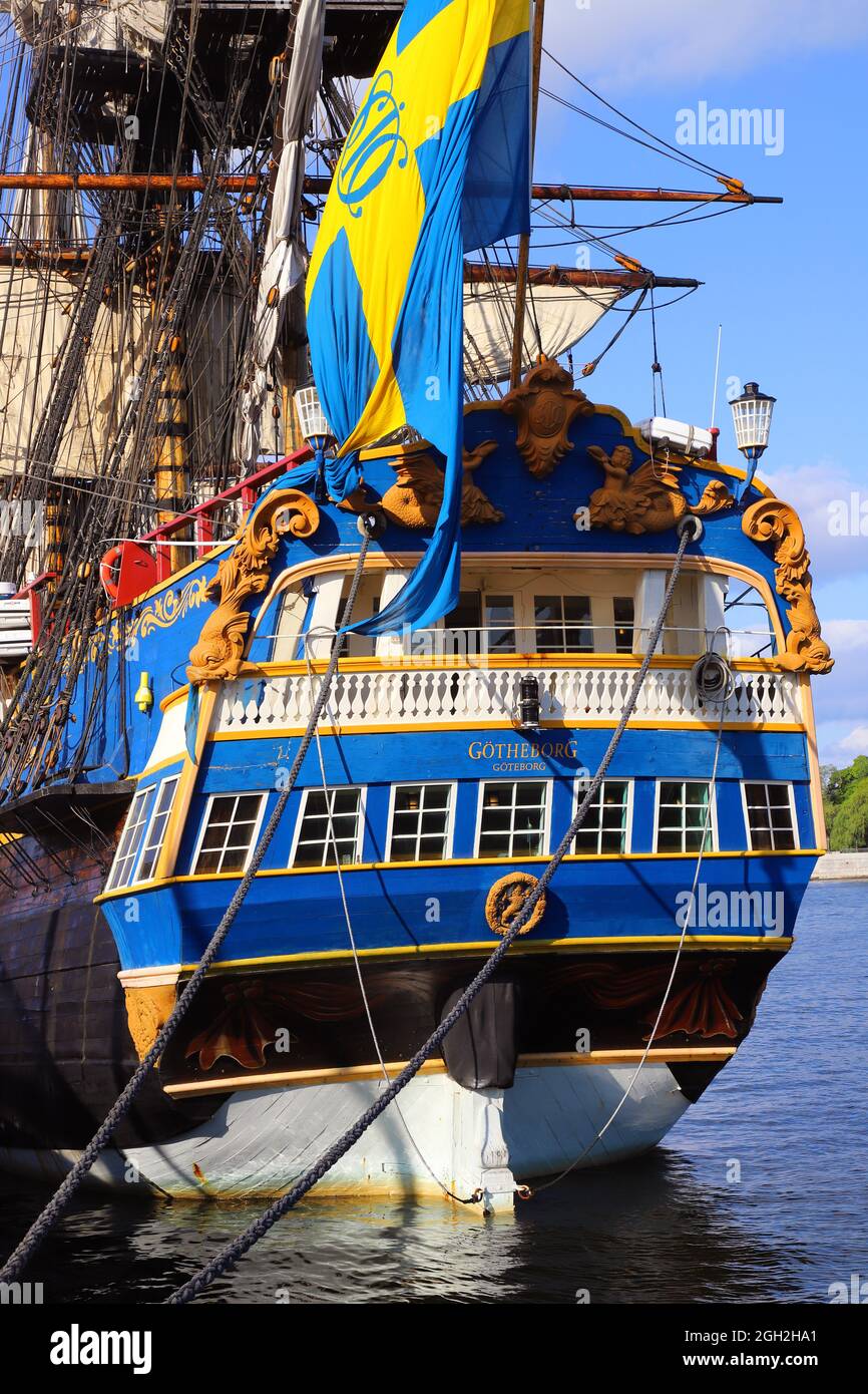 Stockholm, Sweden - August 30, 2021: Stern view of the full-rigged  sail ship Gotheborg (IMO  8646678) launched 2003, a sailing replica of the Swedish Stock Photo