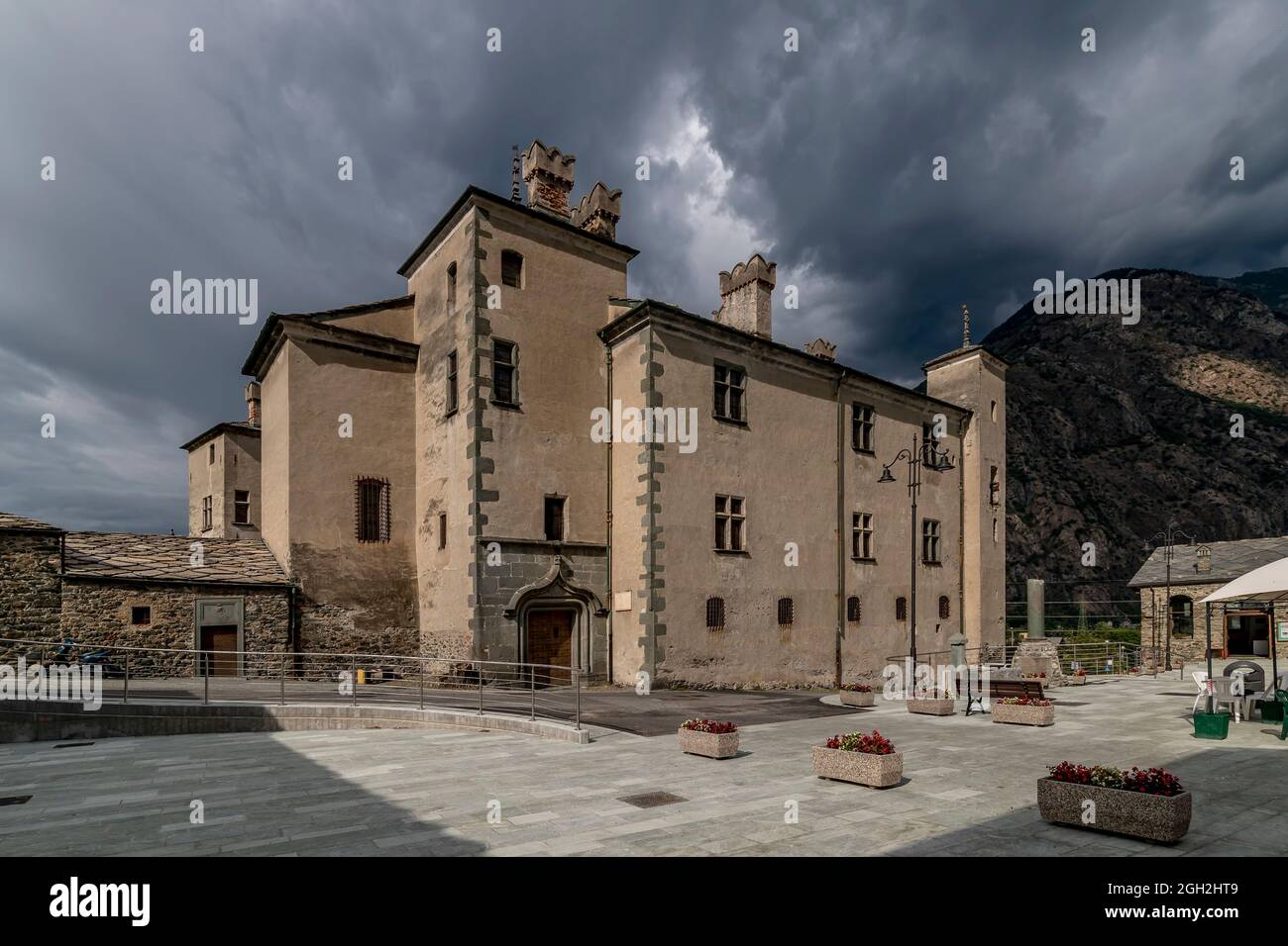The ancient castle of Issogne, Aosta Valley, Italy, under a dramatic sky Stock Photo