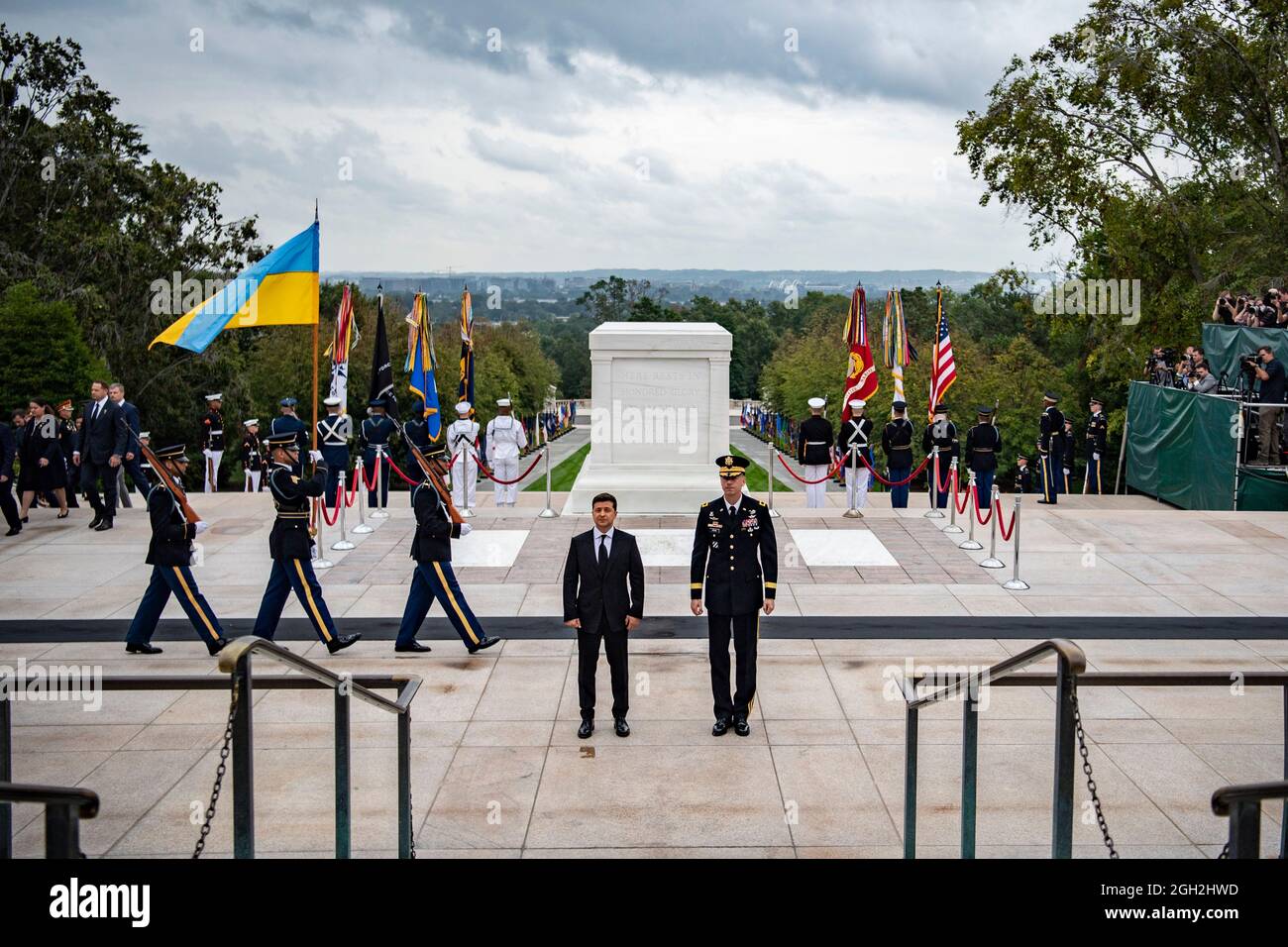 Ukrainian President Volodymyr Zelenskyy, left, is escorted by U.S. Army Maj. Gen. Allan Pepin during a full honors wreath laying ceremony at the Tomb of the Unknown Soldier at Arlington National Cemetery September 1, 2021 in Arlington, Virginia. Stock Photo