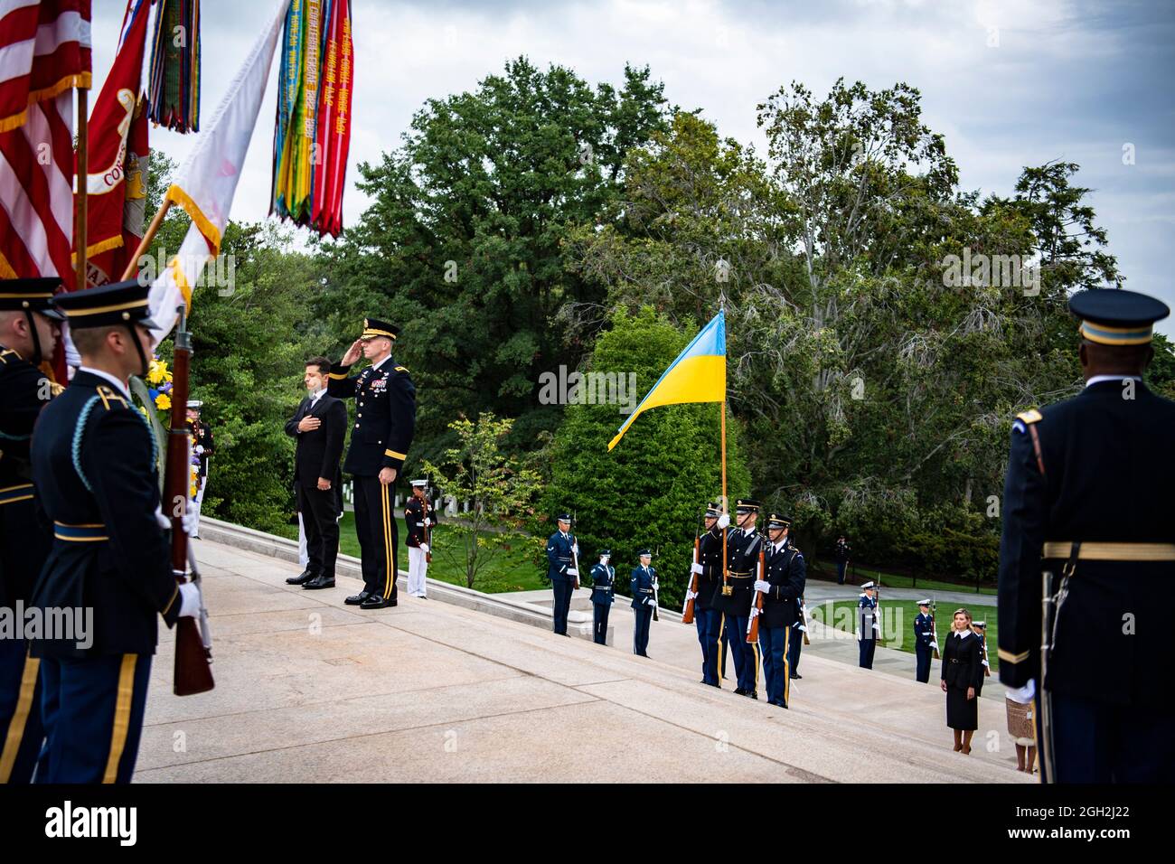 Ukrainian President Volodymyr Zelenskyy, left, and U.S. Army Maj. Gen. Allan Pepin during a full honors wreath laying ceremony at the Tomb of the Unknown Soldier at Arlington National Cemetery September 1, 2021 in Arlington, Virginia. Stock Photo